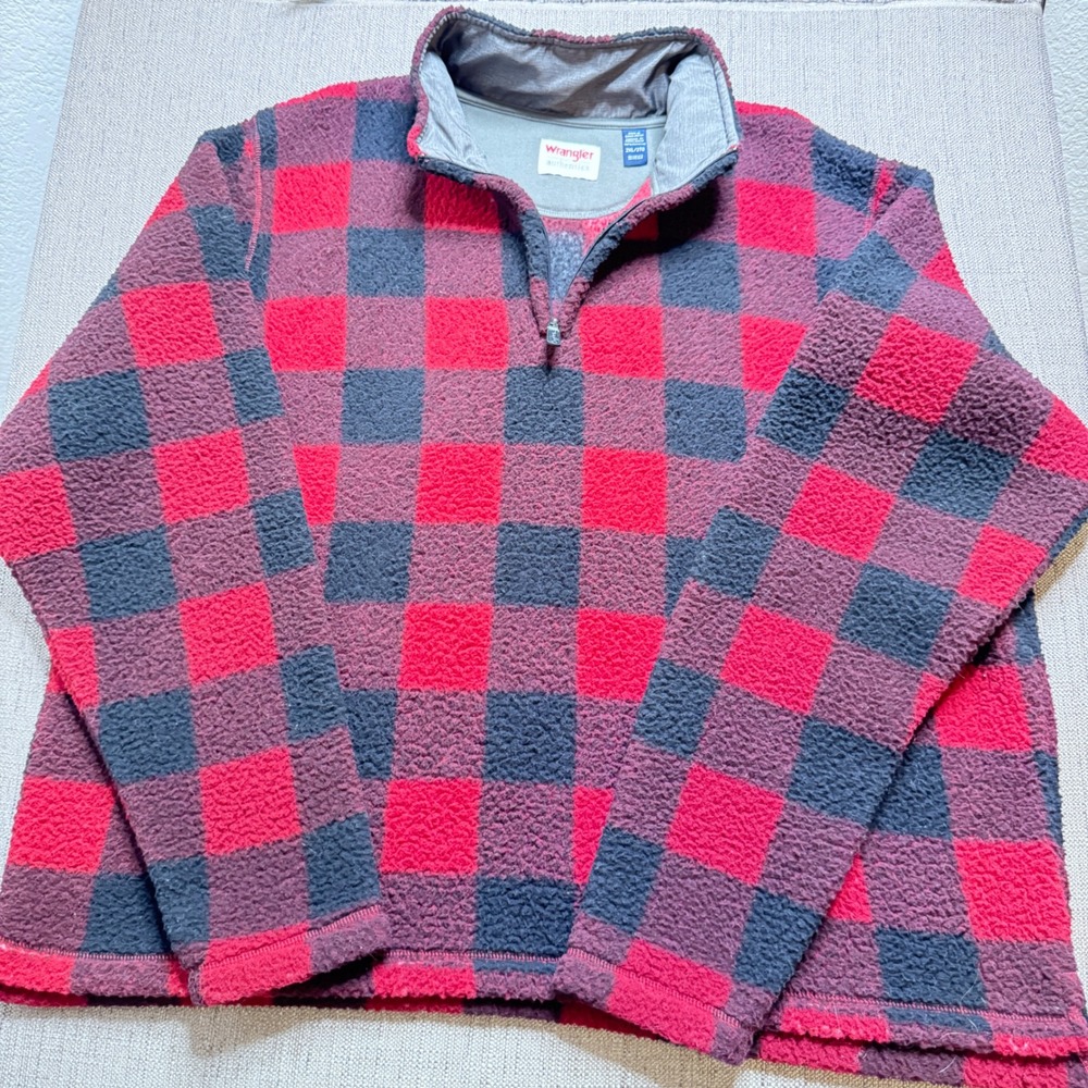 Wrangler Authentics Mens Red Black Buffalo Plaid Fleece Quarter Zip Pullover 2XL